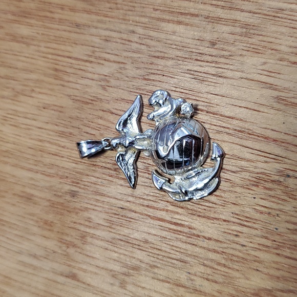 14k solid real White Gold Marine Corps eagle anchor globe Pendant W/Diamond AG88 - Picture 1 of 4